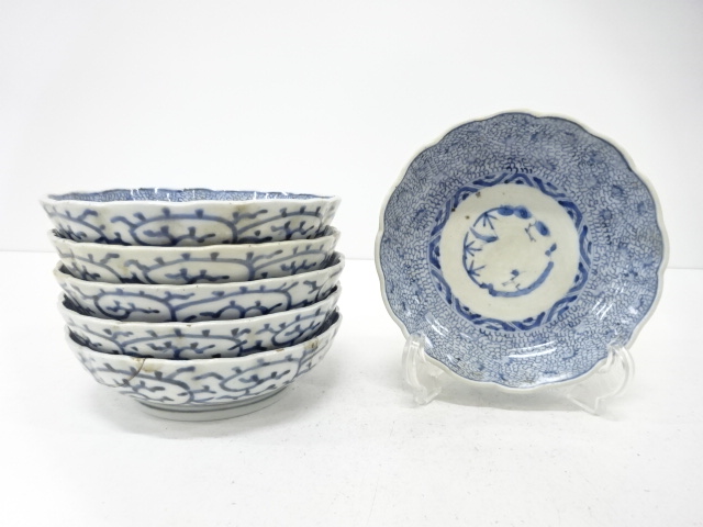 古伊万里　みじん染付　唐草　なます皿　6客揃